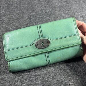 Vintage Fossil Maddox Blue Green Cowhide Leather Trifold Wallet Keyhole Y2K